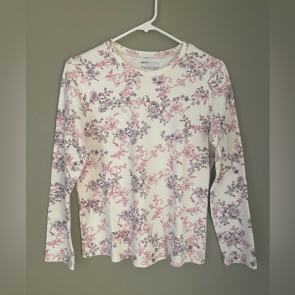 Basic Editions Women's Long Sleeve Ivory Crewneck Floral T-Shirt Size M